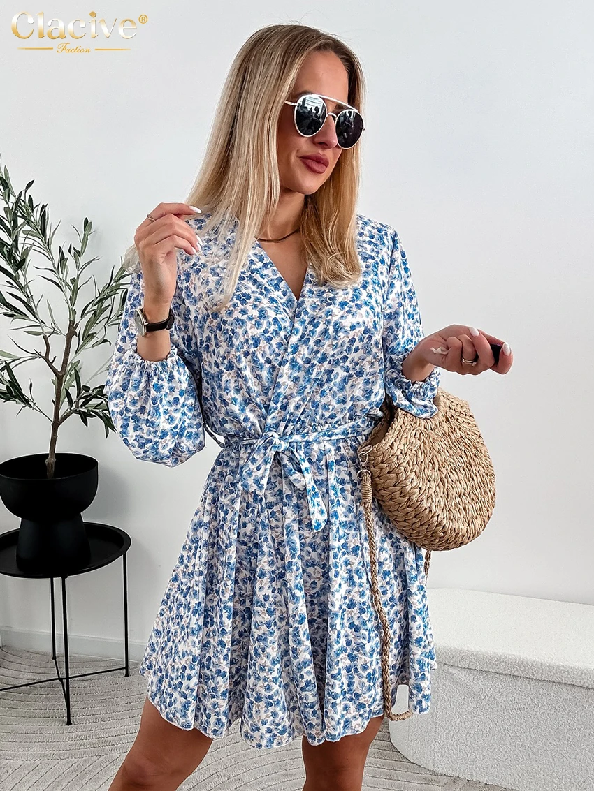 Clacive Fashion Loose Print Women's Dress 2025 Casual V-Neck Long Sleeve Mini Dresses Elegant Classic Lace-Up Female Dress