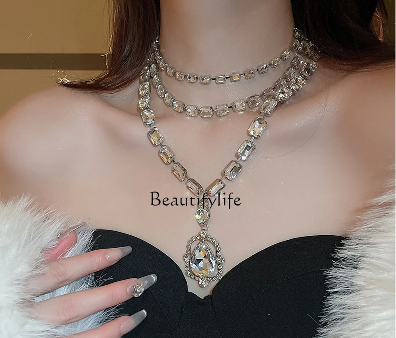 Rectangular Water Drop Clavicle Chain, Diamond-Encrusted, Multi-Layer, Elegant High Sense Ornament