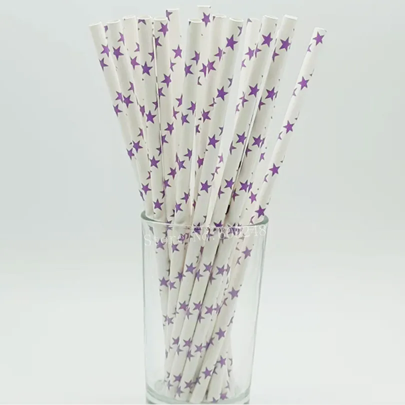 100 Pcs Lilac Star Paper Straws,Lavender Light Purple White Wedding Birthday Party Bar Juice Drinking Straw Cake Pop Sticks