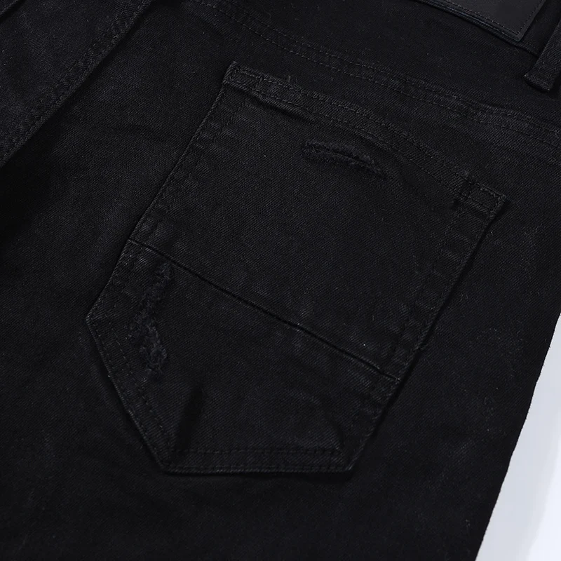 Celana jeans hitam pria, Fashion baru pria tambalan putih elastis slim fit dicuci, celana hitam desainer hip-hop, celana merek hombre