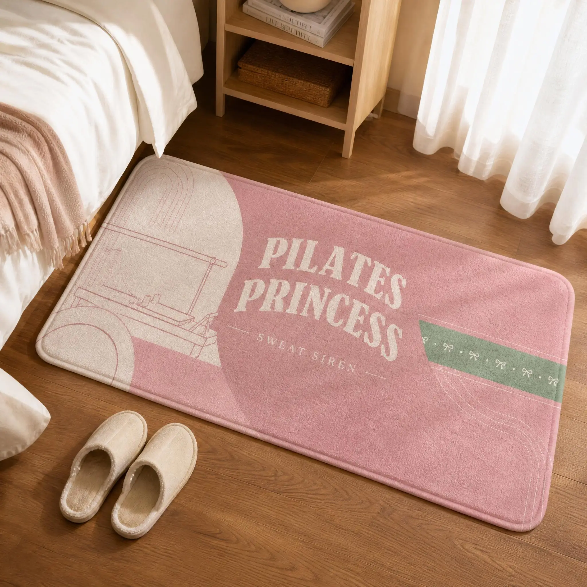 Alfombra de yoga estilo coquette con diseño de arte lineal para Reformer, tapete largo de suelo para Pilates, color rosa suave, estilo princesa, decoración para sala de yoga.