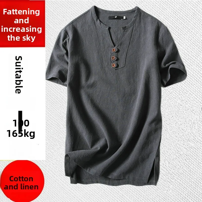 تي شيرت صيفي مقاس كبير للرجال من الكتان رقيق وفضفاض من القطن والكتان بأكمام قصيرة يسمح بمرور الهواء ويمتص العرق على الطراز ال...