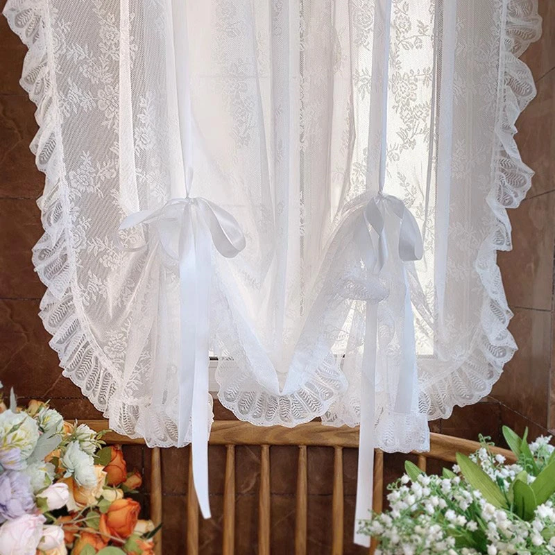 Koreanische Prinzessin Weiß Floral Spitze Ballon Heben Kurzen Tüll Vorhang Für Fenster Tür Küche Transparent Schleier Sheer Custom