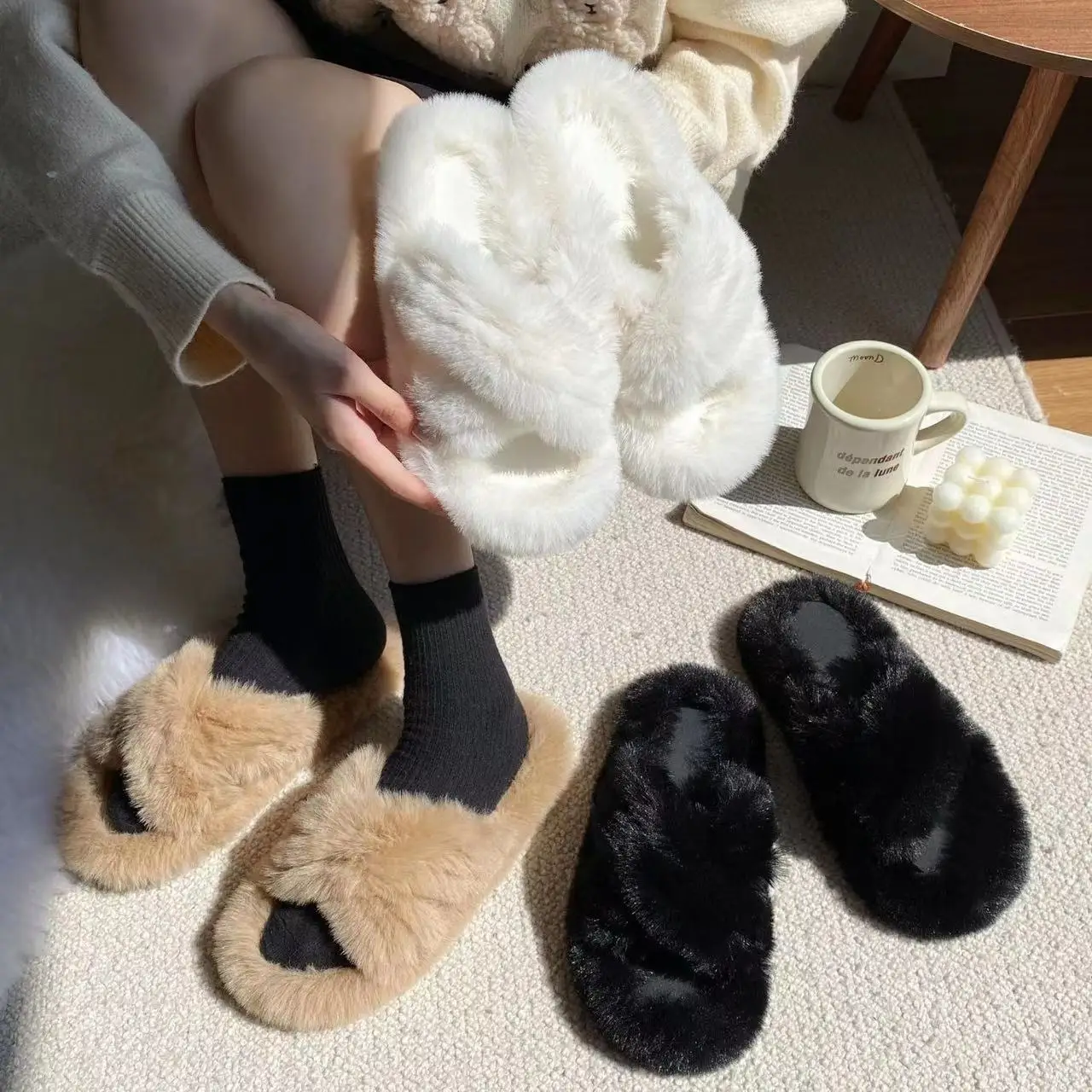 2024 Winter Women Home Indoor Casual Slippers Female Flip Flops Fluffy Shoes Cross Design Slides Ladies Soft Warm Plush Slipper