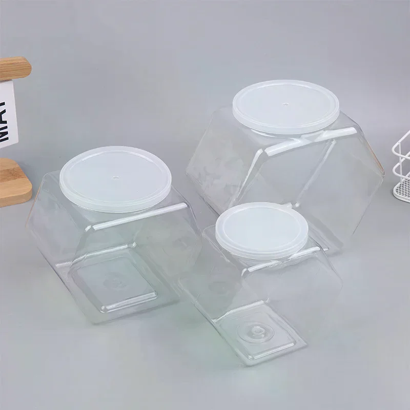 Portable Transparent Hexagonal Candy Cookie Jar Plastic Packaging Jars Sealed With Lid Food Storage Container Kitchen Supplies