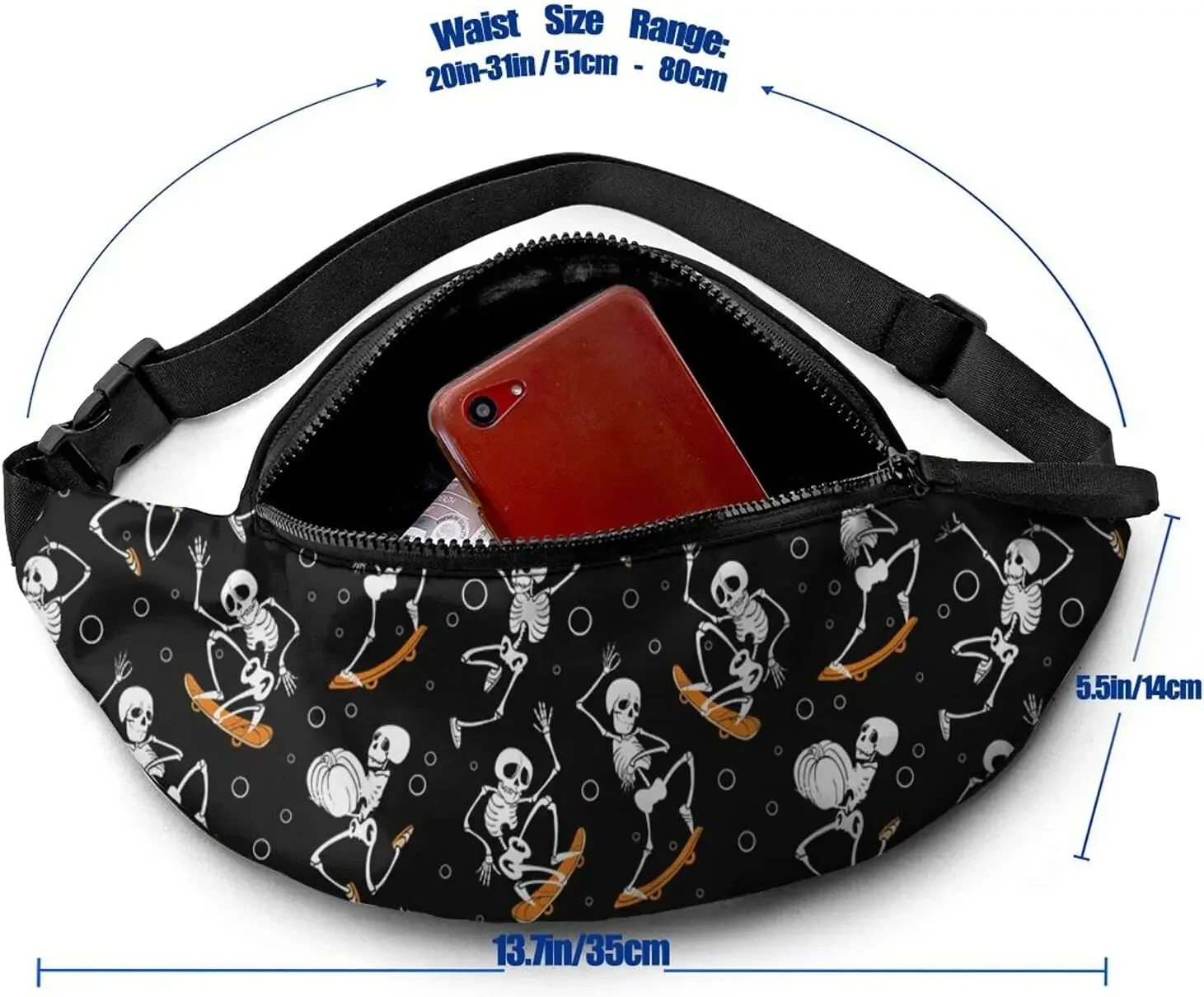 Casual Fanny Pack for Men Women Skateboard Skull Party Waist Bag Pack with Adjustable Belt for Travel Sports Running