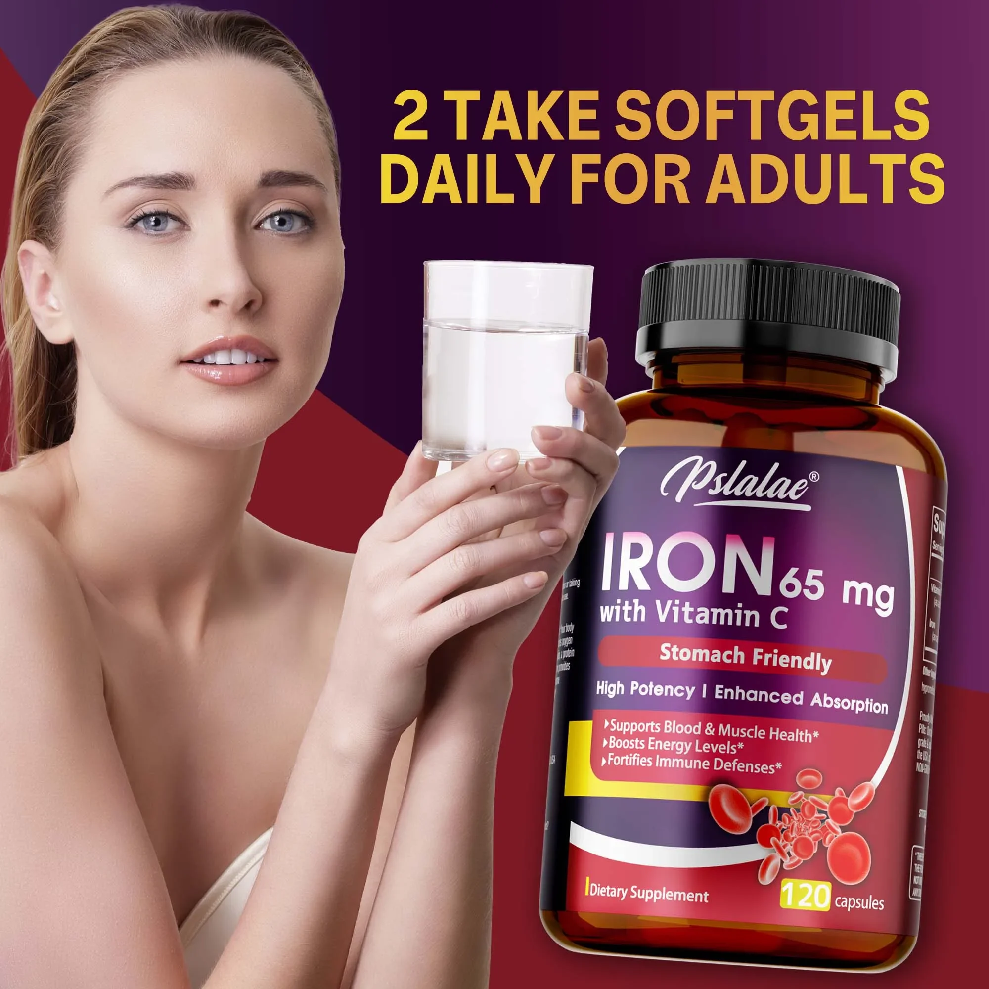 مكمل حديد 65 ملجم مع فيتامين C - يزيد من الامتصاص، ويزيد من الطاقة، ويحافظ على جهاز المناعة الصحي وصحة الدماغ