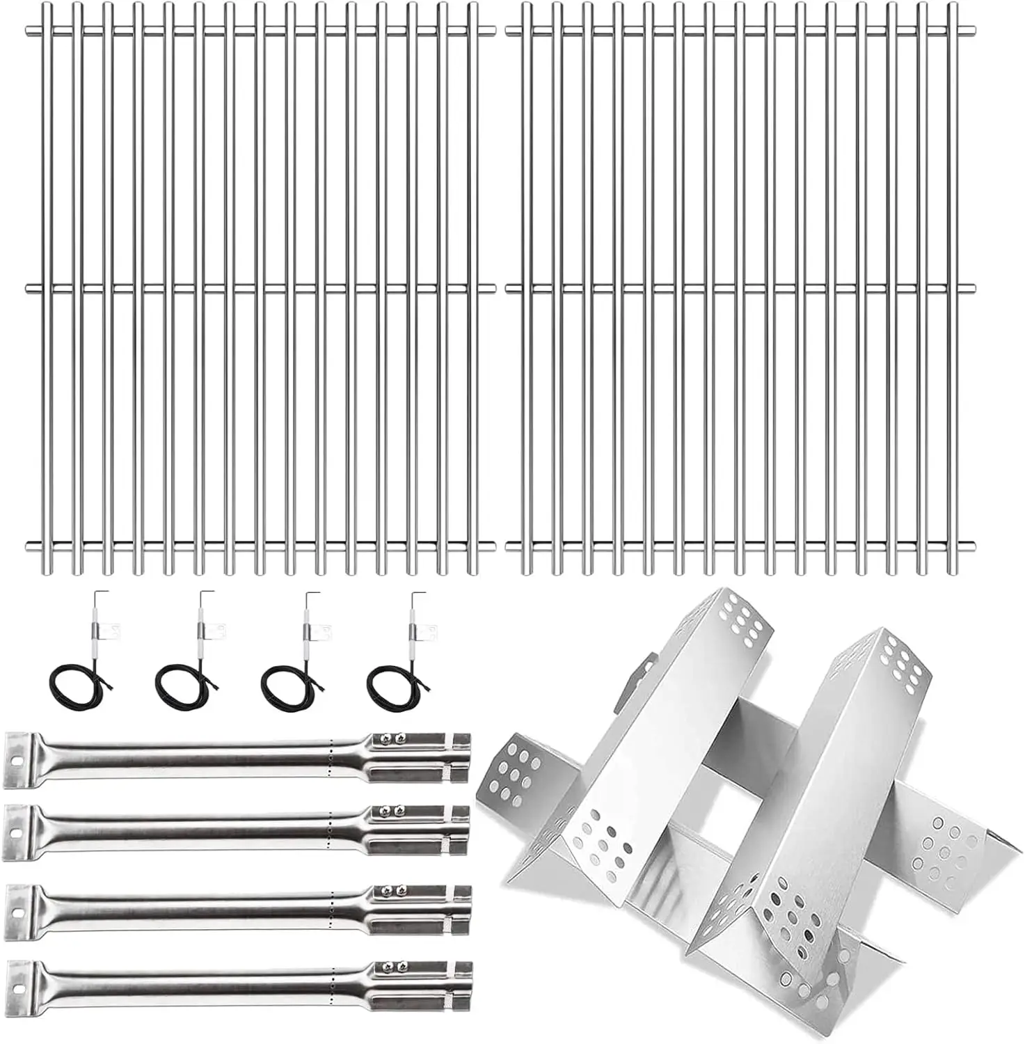 

Stainless Steel Gas Grill Replacement Parts Kit: Burners, Heat Plates, Tent Shield & Cooking Grids for Master Forge Models