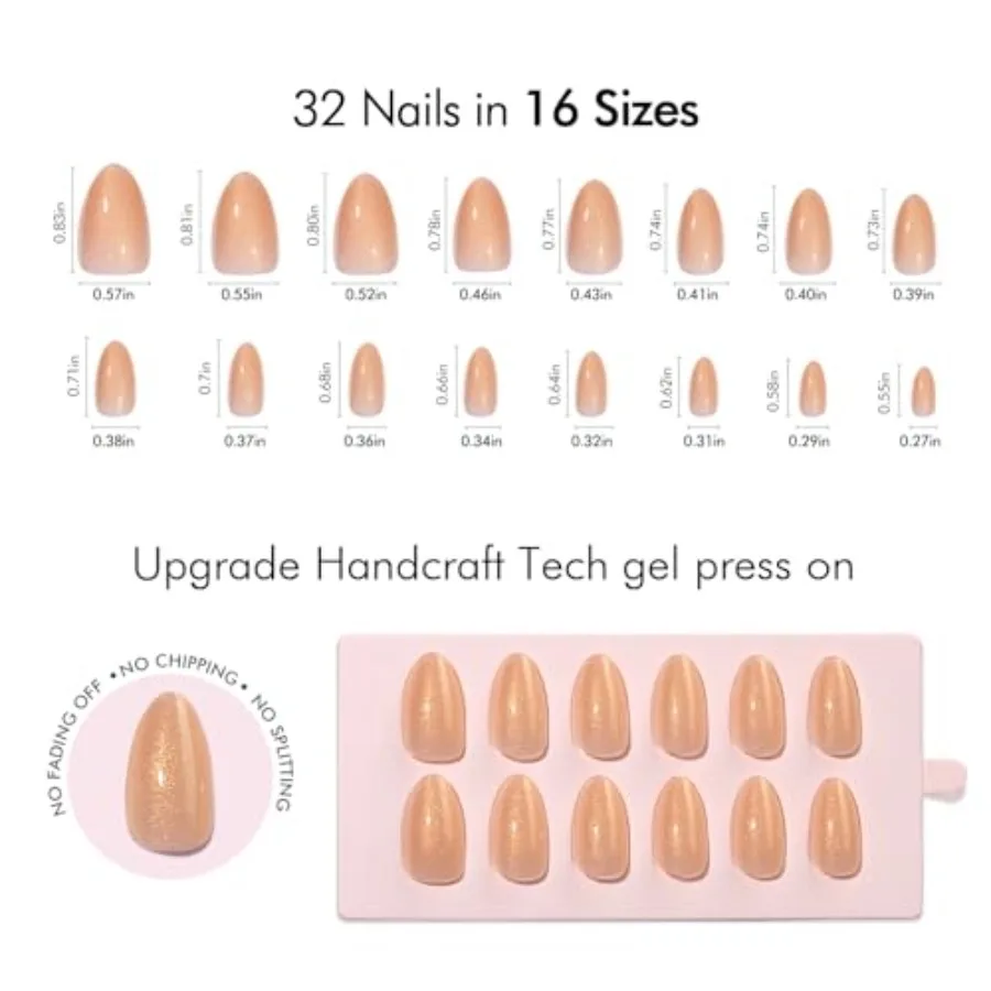 Unghie corte a forma di mandorla color oro nudo luccicanti e scintillanti per l'uso quotidiano e occasioni speciali Unghie finte in gel morbido riutilizzabili w