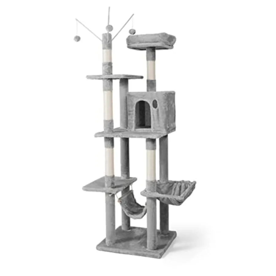 Multi-Level Tall Cat Tree with Cute Top Perch, Scratching Posts, Cat Activity Tree w/Modern Hammock, Cat Cave Condo for Large C