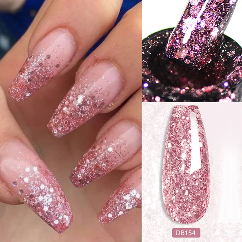 Mtssii 6 Pçs/set Rosa Glitter Gel Unha Polonês Conjunto Lantejoulas Base Semi Permanente Matte Top Coat Soak Off LED UV Nail Art Gel Verniz