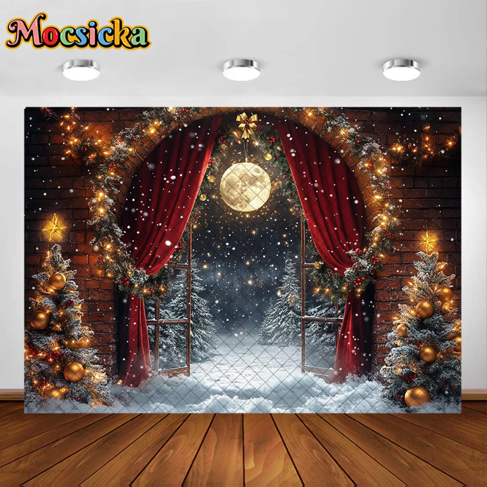 Mocsicka Photography Backdrop Red Curtains Moon Light Decoration Family Xmas Holiday Party Portrait Backgrounds For Photographs