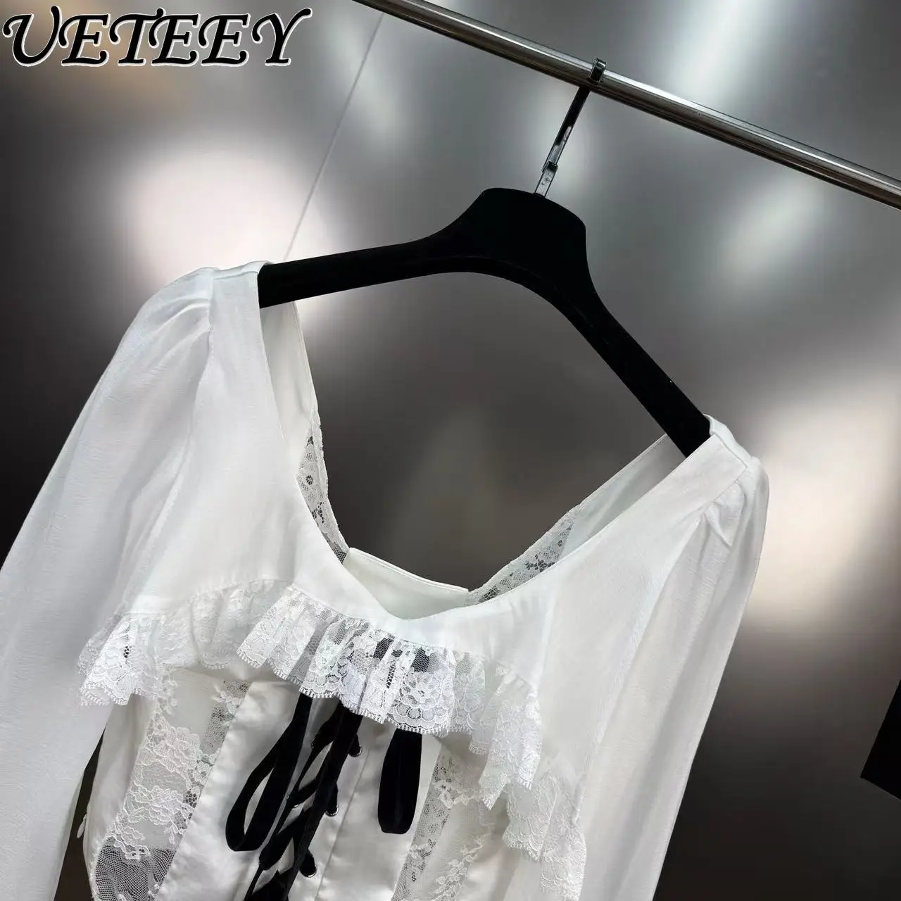 Herfst Franse stijl volwassen elegante korte kanten patchwork stropdas tops veelzijdig wit slim fit shirt met lange mouwen voor dames