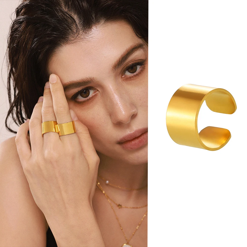 

INS Style Chic Design Opening Ring Jewelry Gold Plated Stainless Steel Plain Band Ring For Women Gril 2021 New Arrival