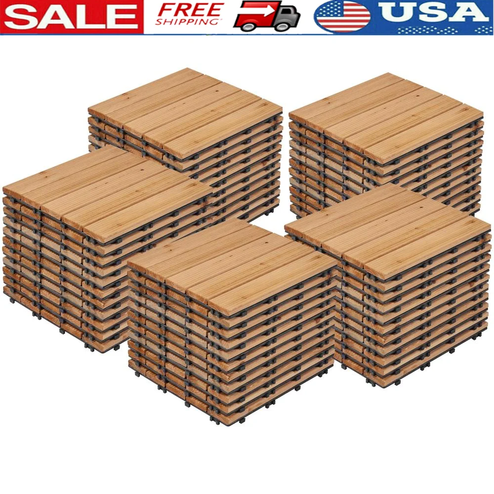 55pcs Interlocking Deck Tiles 12x12in Easy Assemble Fir Wood Outdoor Indoor Flooring Durable Polypropylene Natural Wood Snap Fit