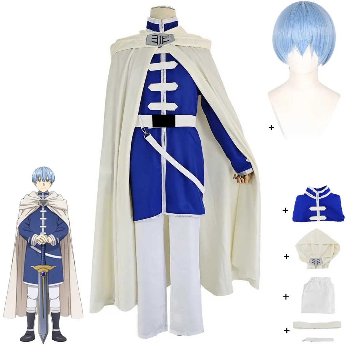 

Anime Frieren: Beyond Journey's End Himmel Cosplay Costume Blue Long Sleeves Top Uniform White Cloak Wig Adult Man Halloween Set