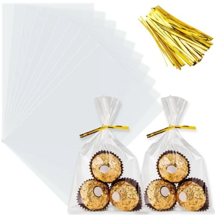 Cellophane Treat Bags 4" x 6": 00 PCS Clear Cello Bags with Color Twist Ties for Cookies Candy Popcorn Small Gifts Party Favor