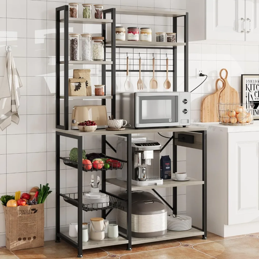 Bakers Rack with Power Outlet,Microwave Stand with 2 Wire Drawer, Industrial Coffee Bar Station,7-Tier ，Rustic Gray