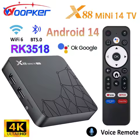 WOOPKER X88 MINI 14 TV Box Android 14 Rockchip RK3518 Quad Core Support 4K HDR with Wifi6 BT5.0 Voice Remote Control Set Top Box