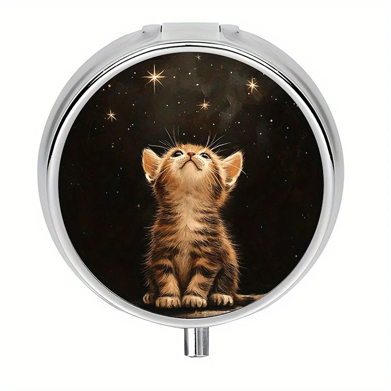 Single pack, flat, round box with 3 compartments, starry sky pattern, vitamin storage box, personal medication storage box, suitable for placing in a purse or as a travel accessory