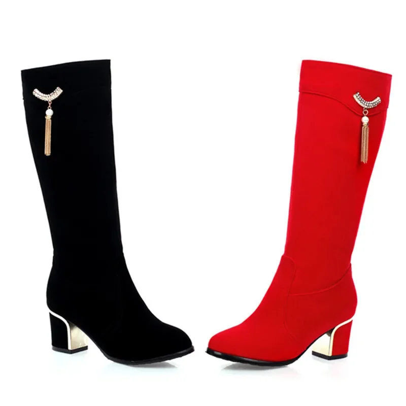 Autumn Winter Knee High Boots Women Black Red Flock Women\'s High Boots Luxury Casual Low Heels Fashion Long Party Shoes Female