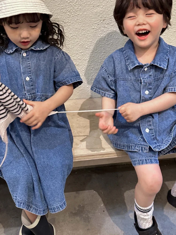 Children\'s Summer Denim Set Boys\' 2024 New Baby Short Sleeve Summer Dress Girls\' Dress Siblings\' 80-150cm Cute Korean Fashion