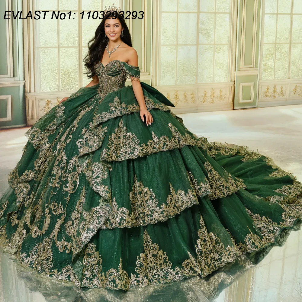 

EVLAST темно-зеленое бальное платье Quinceanera по индивидуальному заказу, золотое кружевное платье с аппликацией и оборками из бисера, милое платье 16, Vestidos De 15 Anos E1QN252