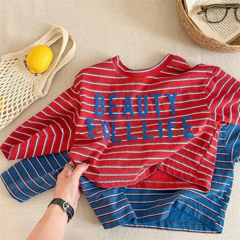 

2025 New Spring Unisex Kids Striped Long Sleeve T-shirts Letter Applique Korean Style Children Loose Casual Pullovers