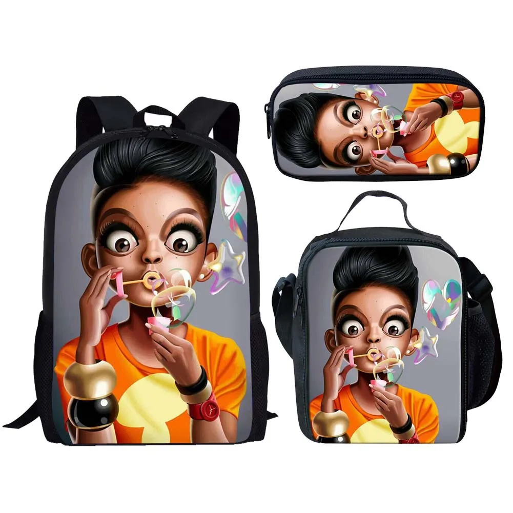 3 buah gadis Afrika cantik cetak 3D tas sekolah Set ransel kasual pelajar tas buku kampus tas makan siang tas pensil