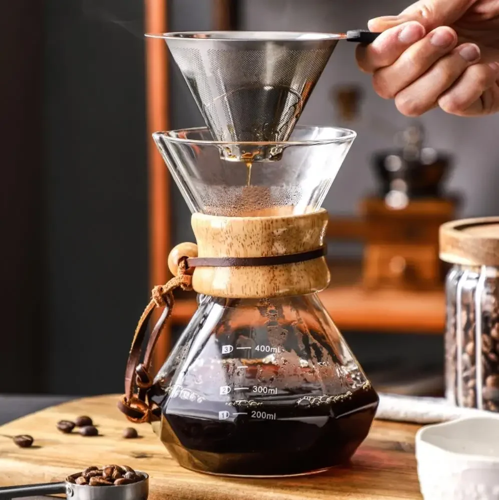 Glass Coffee Pot with Stainless Steel Filter Drip Brewing Hot Brewer Hand Brewed Coffee Pot with Filter Pour Over Coffee Maker