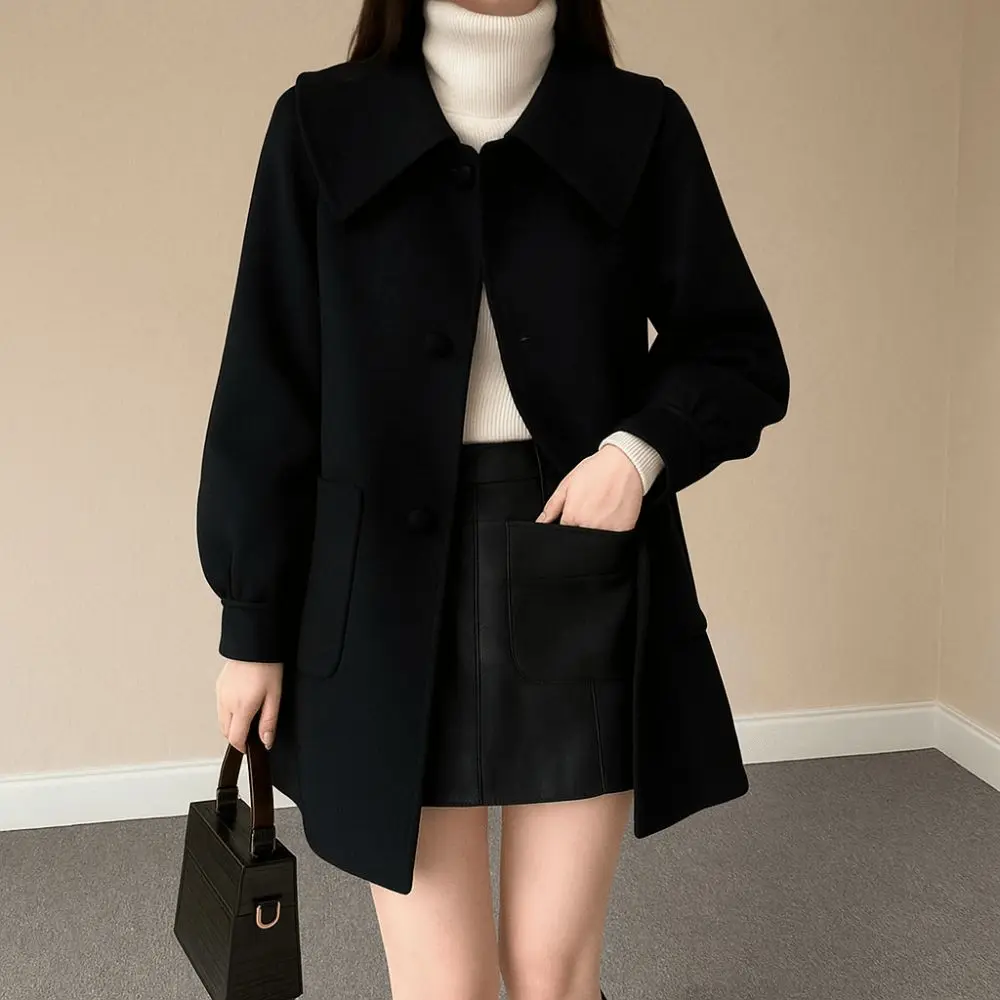 

Mid Length Woolen Coat Women Flip Collar Heart-shaped Buckle Long Sleeve Cardigan Autumn Winter Lady Tops Windproof Coats