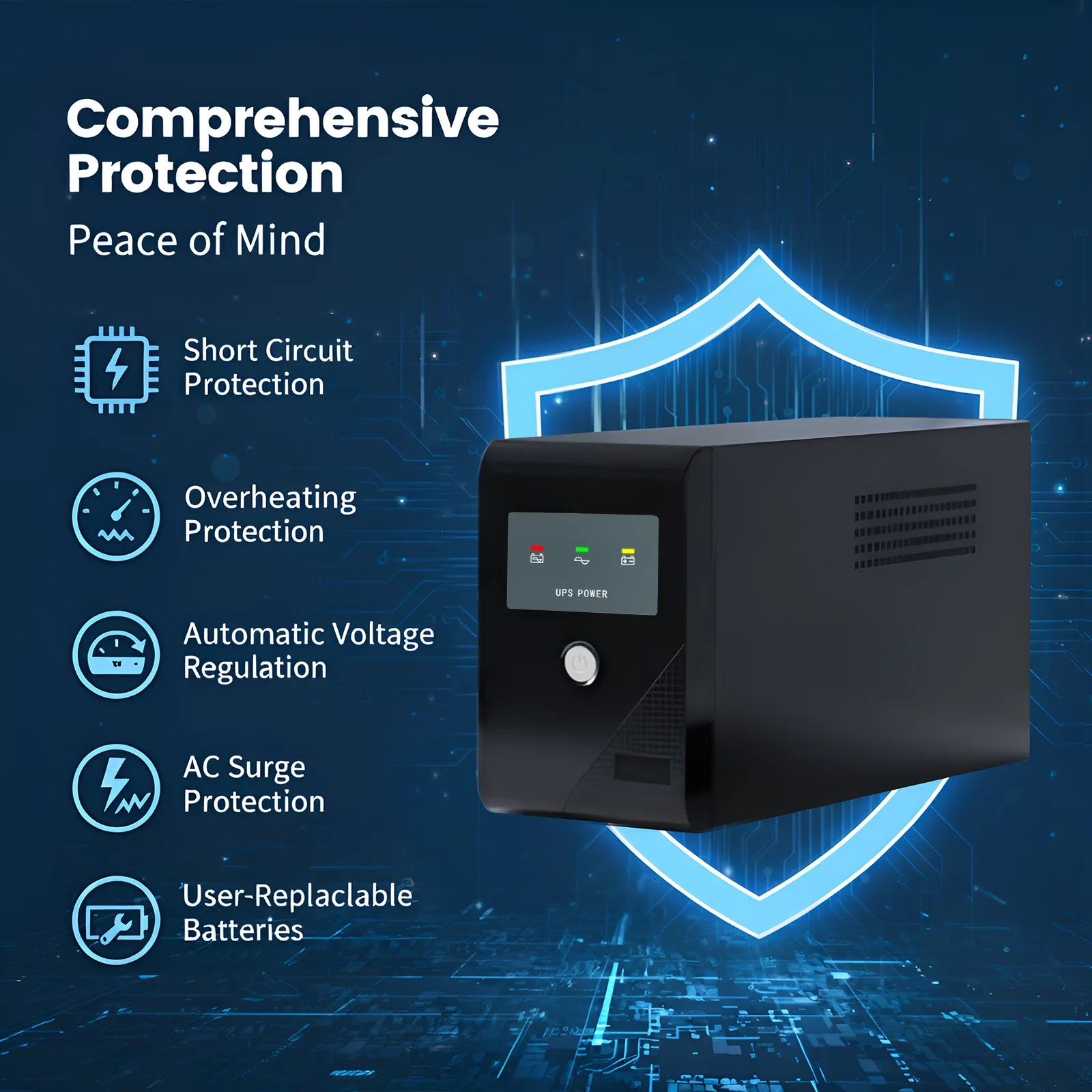 500VA UPS Power Supply 300W 4500mAh Battery Backup Power Uninterruptible Pure Sine Wave with 3 Outlets for Home Office