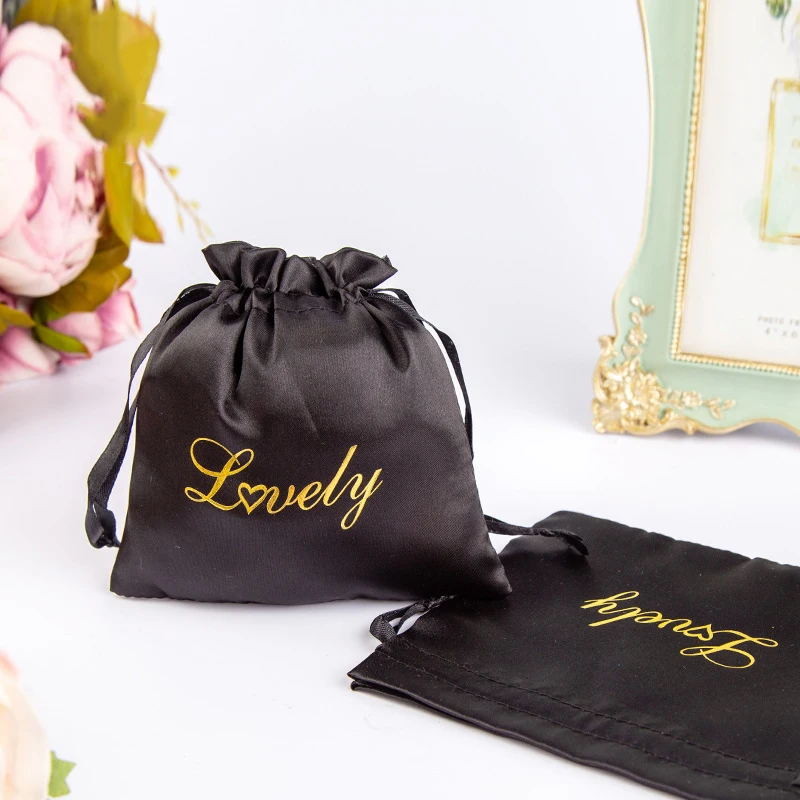 Luxury Jewelry Satin Drawstring Storage Bags Packaging Hair Wigs Makeup Bag Wedding Party Gift Pouches Custom Print Logo 50pcs