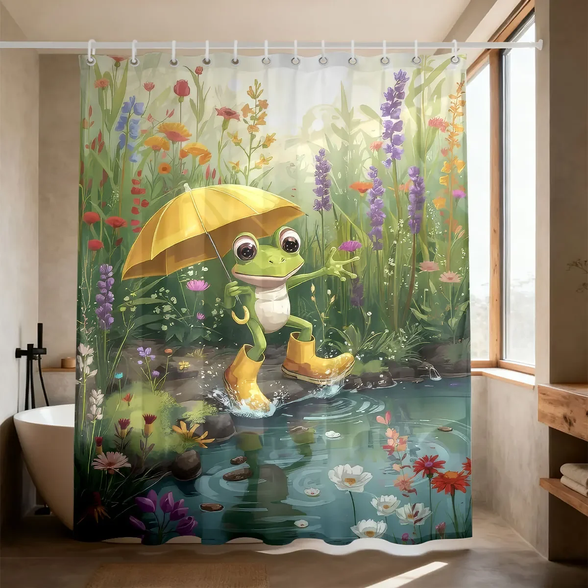 1pc Cute Cartoon Frog Printed Waterproof Partition Privacy Shower Curtain with 12 Hooks Multiple Sizes Easy To Install