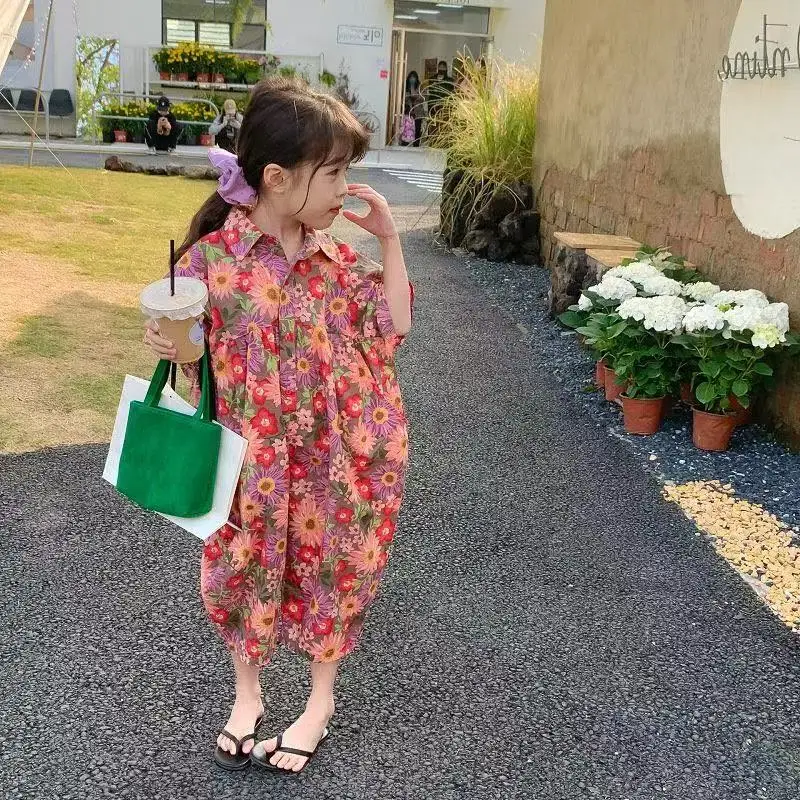 

Summer Baby Girls Cotton Loose Short-Sleeved Single-breasted All-Over Floral Bodysuits Kids Jumpsuits Children Outfits 2-7 Years