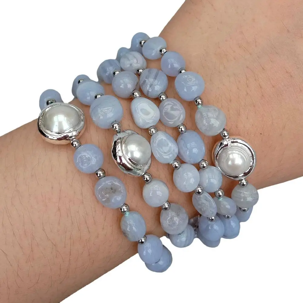 

Y·YING 5 Strands Natural Blue Lace Agate Cultured White Pearl Beaded Bracelet