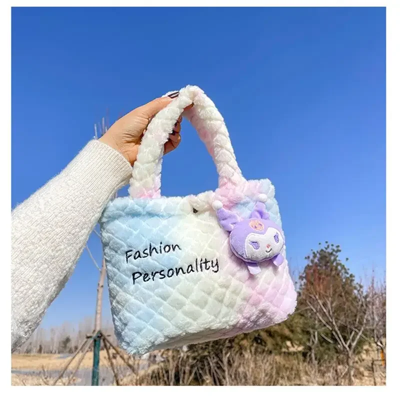 Sanurgente Cinnamoroll Sac à main en peluche pour femme, sac de rangement, breloque, mignon, dessin animé, Kuromi, My Melody 402, attrayant, mode, cadeaux de vacances