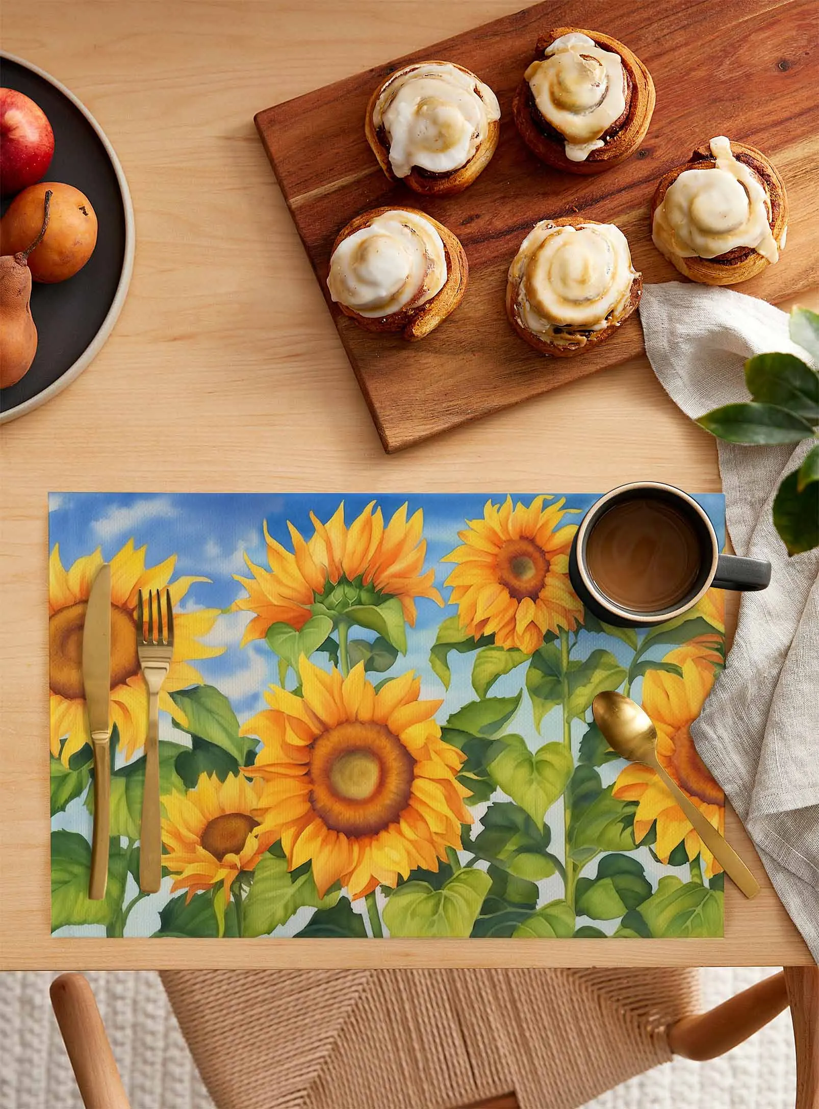 Flower Illustration Sunflowers Summer Retro Kitchen Dining Table Decor Accessories 4/6pcs Placemat Heat Resistant Tableware Mat