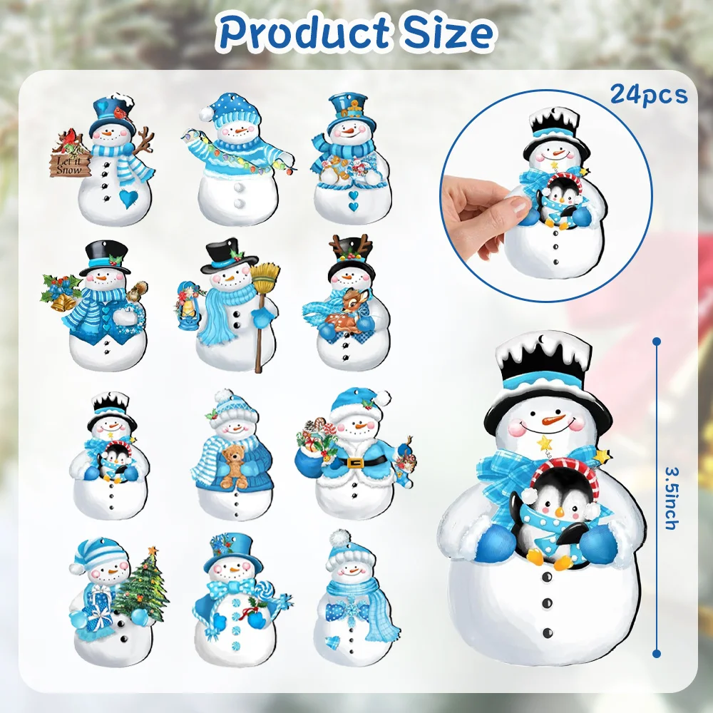 24pcs Snowman Christmas Ornaments Set - Wooden Tree Decorations, Non-Electric Holiday Crafts for Festive Home & Party Decor