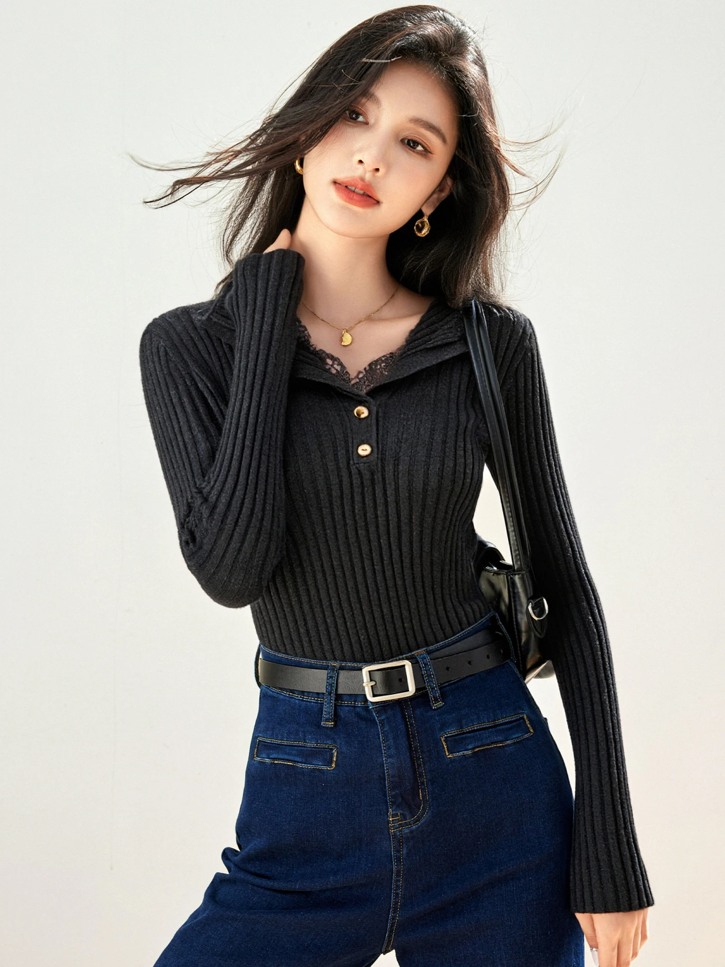 سترة محبوكة مرقعة من الدانتيل للنساء للخريف والشتاء بتصميم زر تحسس وطبقة قاعدة على شكل حرف V #2