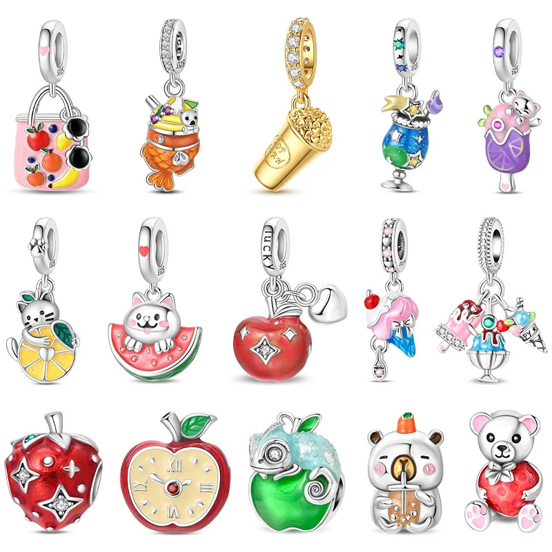 925 Sterling Silver Afternoon Tea Popcorn And Apple Ice Cream Charms Pendant For Women Fit Original Bracelet DIY Jewelry Gifts