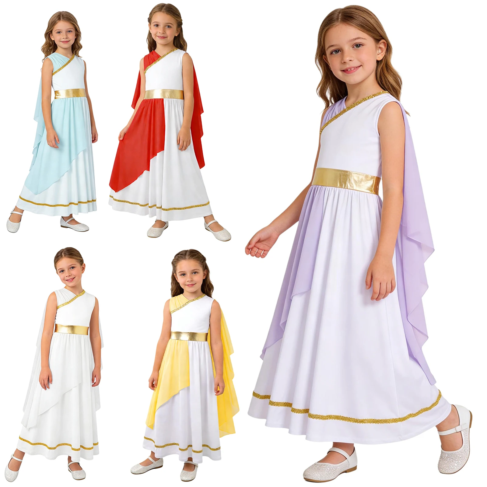 Girls Greek Nymph Toga Halloween Ancient Greek Grecian Cosplay Costume Sleeveless Gown Dress Shawls Patchwork Flowy Tulle Dress