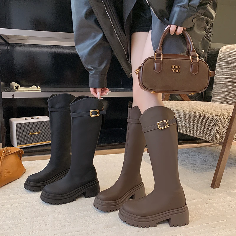 

Fashion Round Toe Long Ladies Knight Boots Back Zipper Outdoor Female Casual Thick Soled Shoes Chelsea Women Knee High Boots