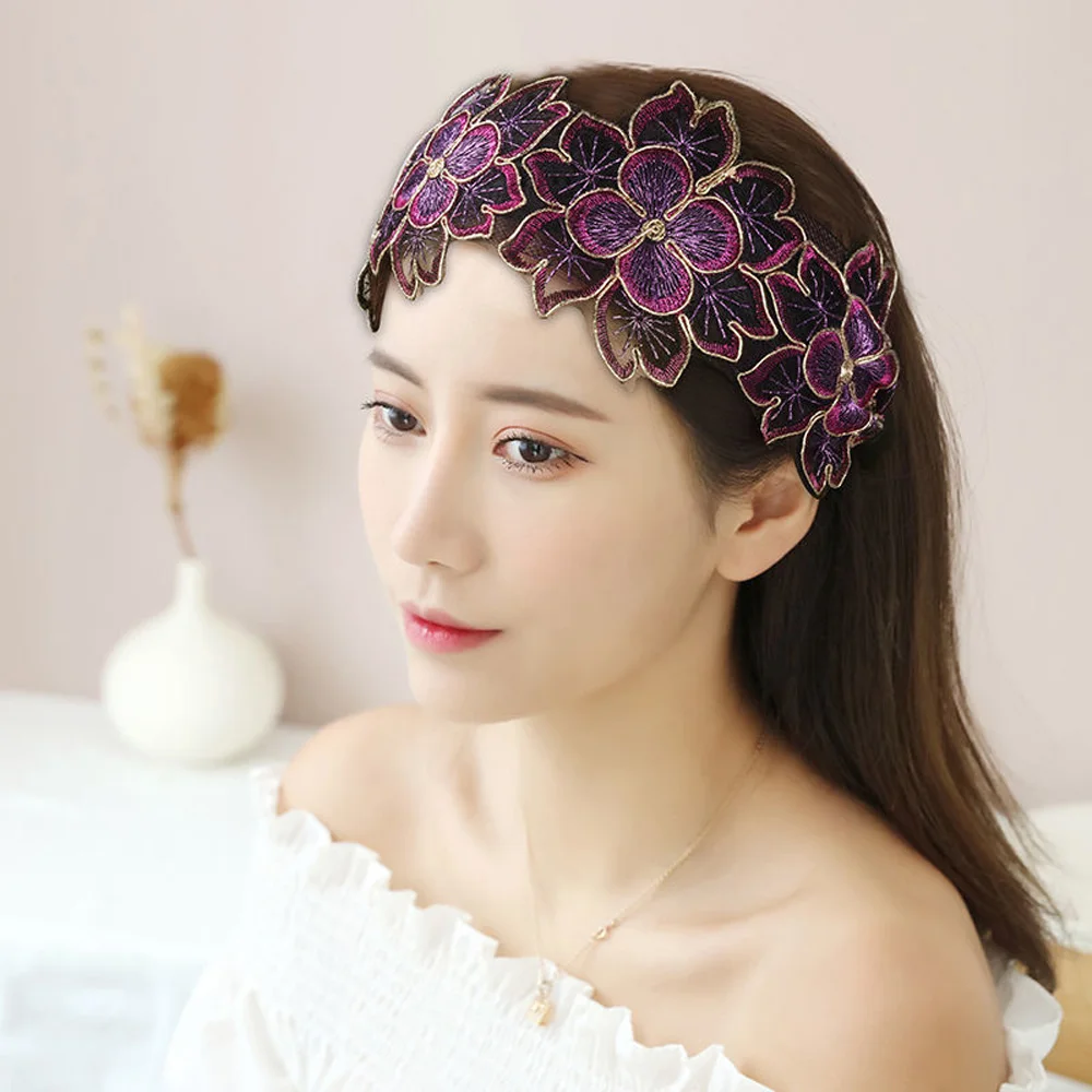 For Women Non-slip Floral Printed Toothed Lace Head Hoop Embroidery Flower Headband Broadside Hair Bands Hair Accessories