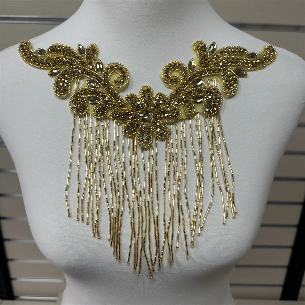 1PCS Rhinestone Applique tassels flower patches Iron on/sew on wedding dress accessories For Clothes Decoration
