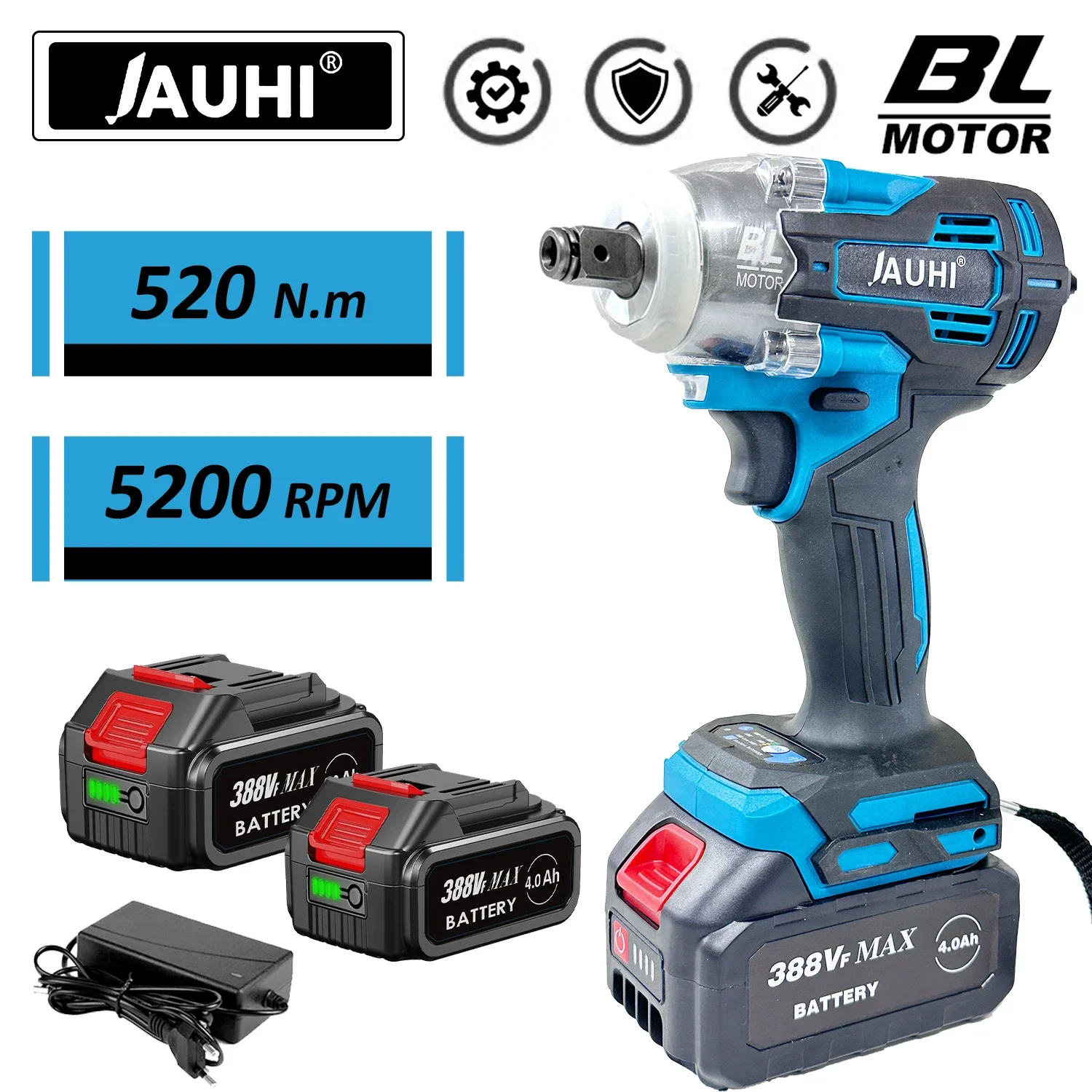 

JAUHI 520N.M Torque Brushless Electric Impact Wrench with 388VF Battery 1/2" Cordless Wrench Power Tool For Makita 18V Battery