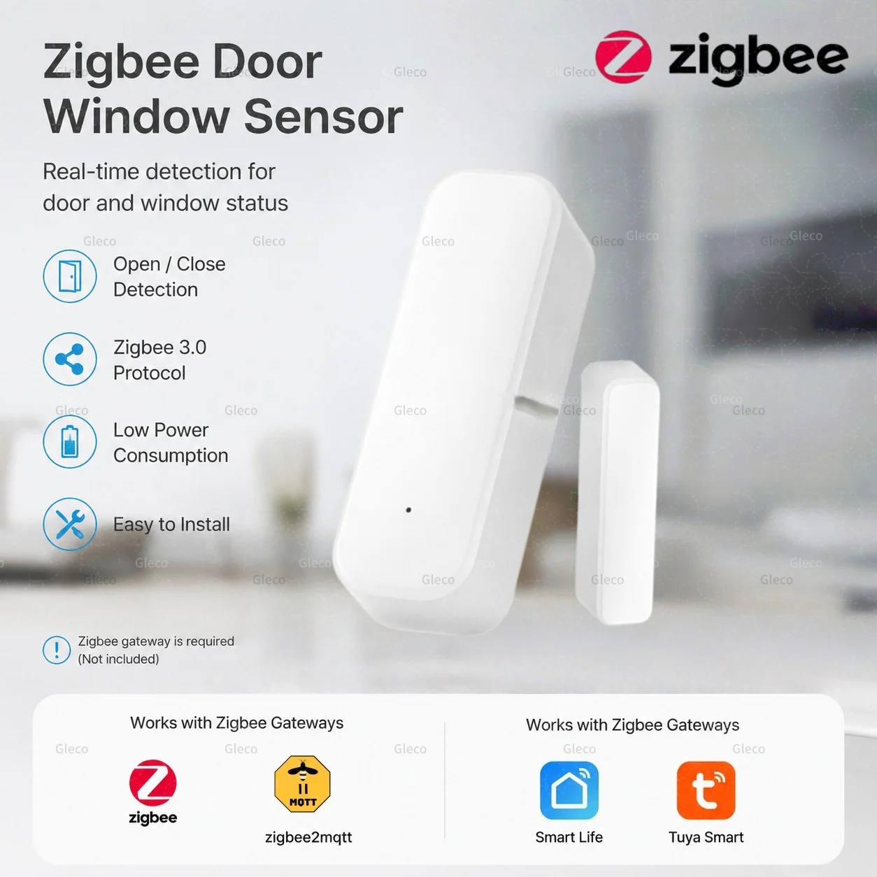 Zigbee Tür- und Fenstersensor, Sicherheitsalarm gegen Einbruch, Magnetischer Kontaktmelder für Smart Life, Alexa, Google Home, Tuya 2MQTT Hub