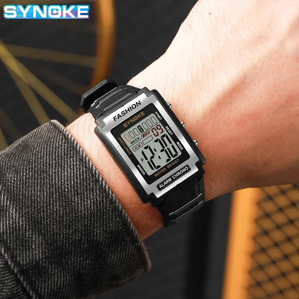 SYNOKE Men Rectangular Sports Electronic Watch Waterproof 50M Night Light Large Screen Alarm Clock Trend Retro Style