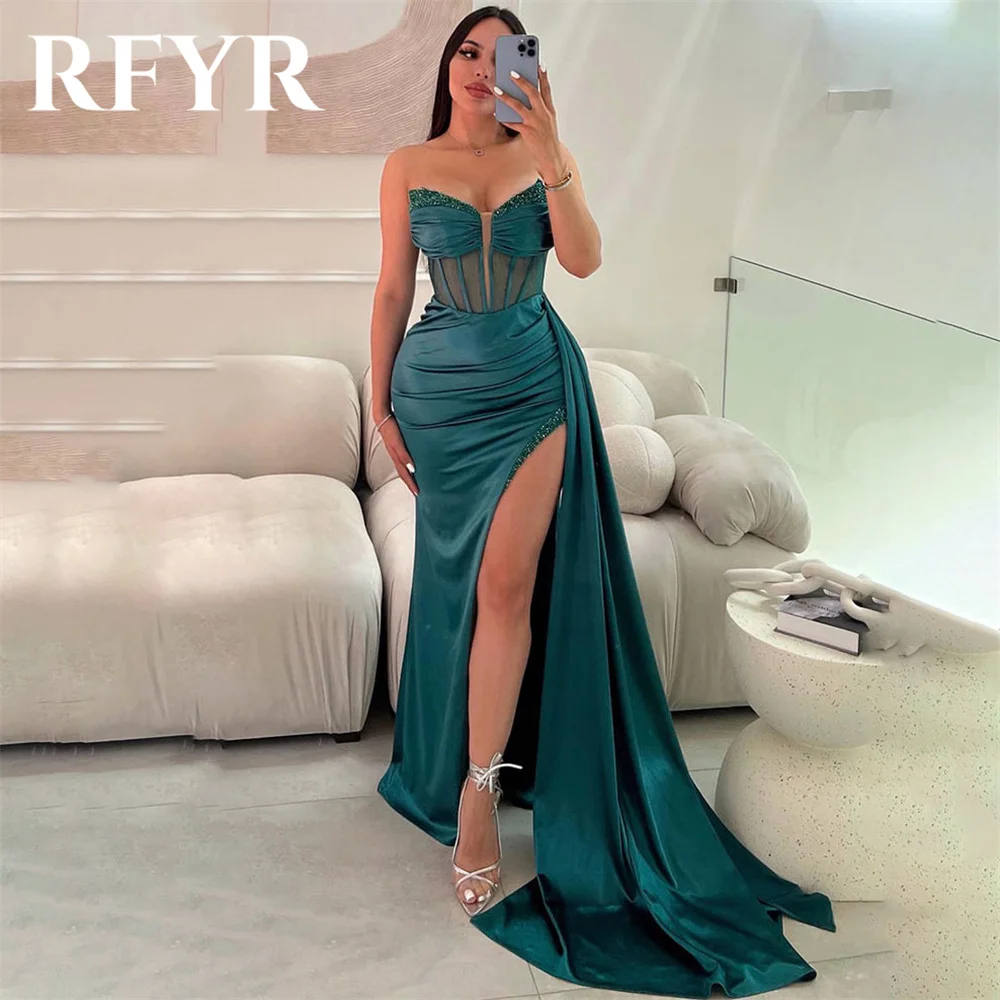 

RFYR Green Elegant Scoop Women Evening Dress Simple Sleeveless with Pleats Sequins Trumpet Prom Formal Gowns Dress Customized