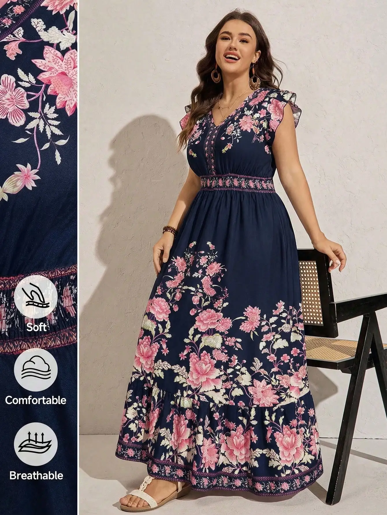 

Plus Size Floral Print V-Neck Tiered Maxi Dress For Summer Casual Vacation Wear